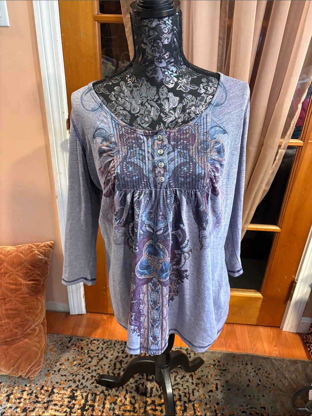 Energe Women’s Blue Printed Button-Yoke Tunic Top, XL
